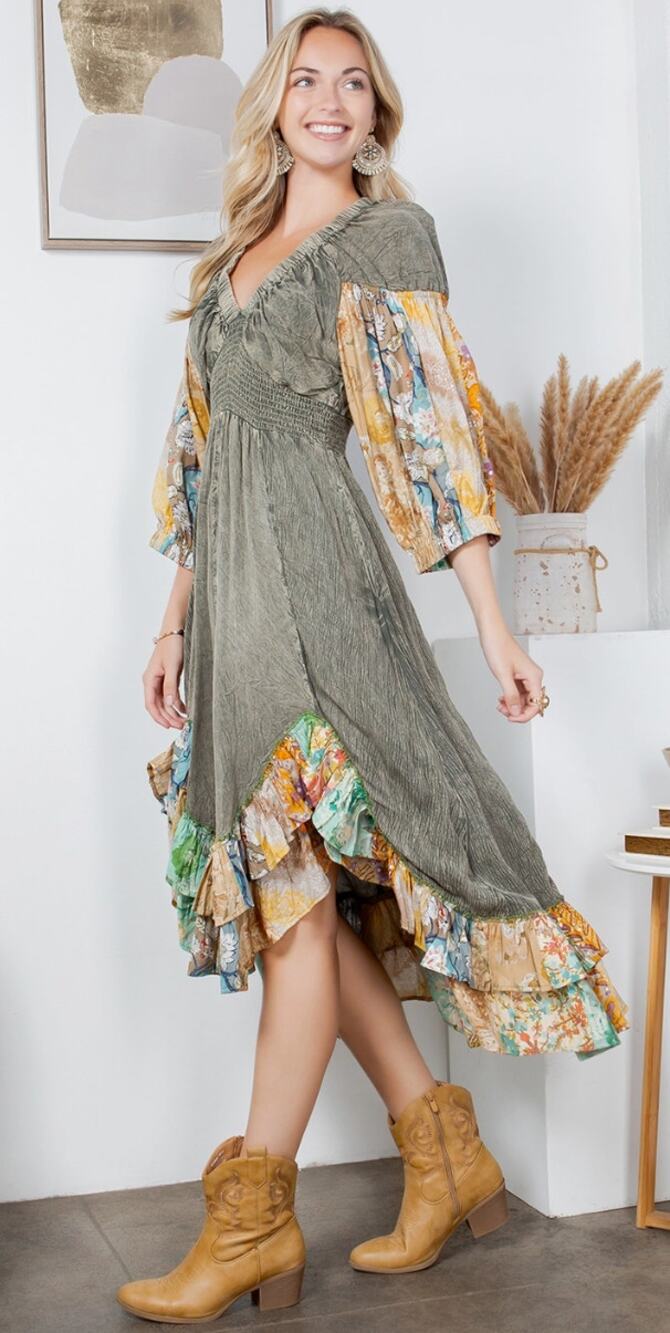 Young Threads Patchwork Prairie Dress L NWT Smocked High Low - Romantic Boho